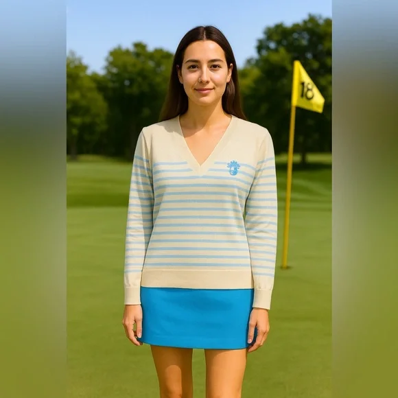 100% Cashmere Pebble Beach Blue and White Striped V Neck Golf Sweater - Picture 2 of 11